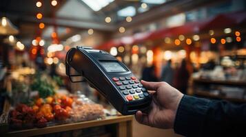 hand- Holding edc machine in de supermarkt met ai gegenereerd foto