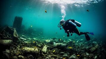 een duiker reinigt de oceaan van plastic. scuba duiker onder de zee. generatief ai foto