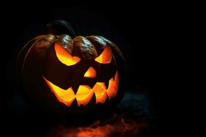 halloween pompoen hoofd jack-o-lantern Aan zwart achtergrond. ai generatief foto