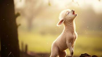 schapen in de veld. jong lam roeping uit net zo het zingen. ai generatief foto