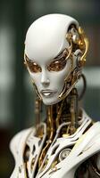 cyber vrouw. vrouw robot in een futuristische ruimte pak. ai generatief foto