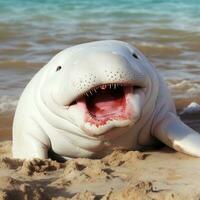 schattig wit walvis zwemmen in de diep blauw zee. ai generatief foto