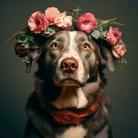 hond met bloemen portret van stier Arabisch hond met bloem kroon. ai generatief foto