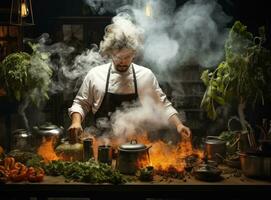 chef in hoed en bril voorbereidingen treffen voedsel gegrild in een pan foto