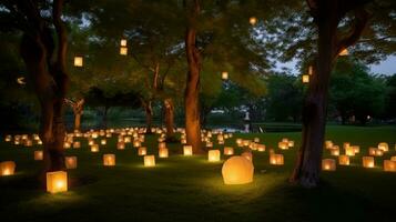 de schoonheid van natuur is verlichte door gloeiend lantaarns in een romantisch buitenshuis instelling ai gegenereerd foto