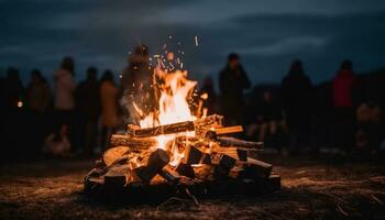 gloeiend vlammen verlichten de donker nacht, opwarming de buitenshuis avontuur gegenereerd door ai foto