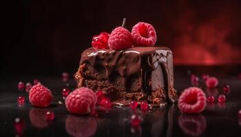 eigengemaakt fijnproever donker chocola toetje met framboos en aardbei gegenereerd door ai foto