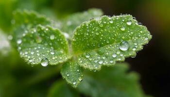 vers groen blad met dauw druppel, presentatie van natuur levendig schoonheid gegenereerd door ai foto