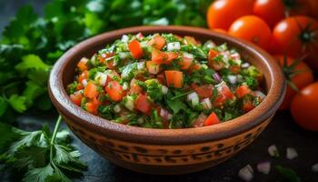 versheid en Gezondheid in een vegetarisch maaltijd met biologisch ingrediënten gegenereerd door ai foto