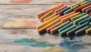 houten tafel met kleurrijk verf en papier voor creatief kinderjaren onderwijs gegenereerd door ai foto