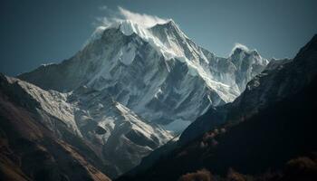 majestueus berg piek, sneeuw bedekt, panoramisch landschap, avontuur in extreem terrein gegenereerd door ai foto