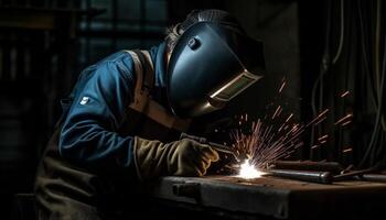 mannen werken in een staal fabriek lassen metaal met beschermend uitrusting gegenereerd door ai foto