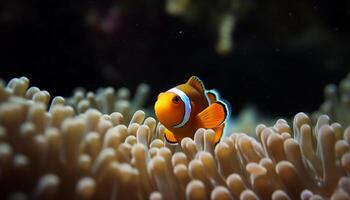 clown vis zwemmen in levendig rif, presentatie van natuurlijk schoonheid gegenereerd door ai foto