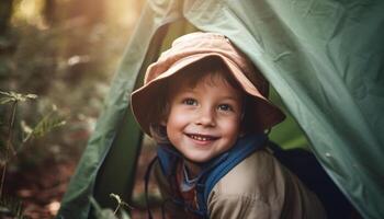 glimlachen kind buitenshuis, geluk in vrolijk kinderjaren jongens genieten natuur gegenereerd door ai foto