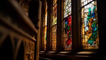 gebrandschilderd glas venster verlicht oude kapel, presentatie van gotisch architectuur gegenereerd door ai foto