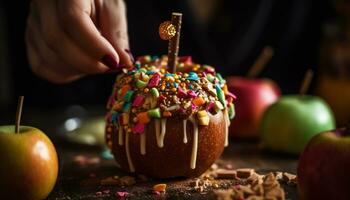 eigengemaakt toetje tafel zoet traktaties, chocola, snoep, fruit, toegeeflijkheid gegenereerd door ai foto