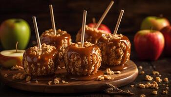 toegeeflijk toetje karamel appel, donker chocola, gebakken Aan hout gegenereerd door ai foto