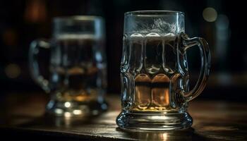 een schuimig pint van bier Aan een houten kroeg tafel gegenereerd door ai foto