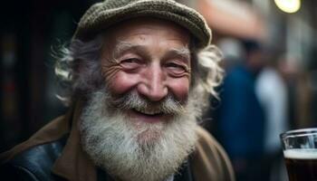 glimlachen senior Mens met grijs haar- en baard, op zoek Bij camera gegenereerd door ai foto