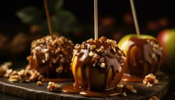 toegeeflijk toetje eigengemaakt donker chocola toffees met karamel en noten gegenereerd door ai foto