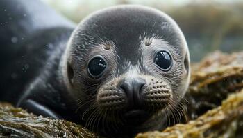 schattig zegel pup op zoek Bij camera, nat vacht, speels natuur gegenereerd door ai foto