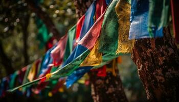 boeddhistisch gebed vlaggen hangende in levendig Woud, symboliseert geestelijkheid en cultuur gegenereerd door ai foto