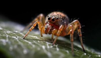 dichtbij omhoog van een klein, harig spin in natuur spookachtig spinachtige wereld gegenereerd door ai foto