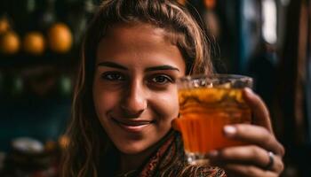 glimlachen jong volwassen vrouw genieten van drinken Bij kroeg, op zoek vrolijk gegenereerd door ai foto