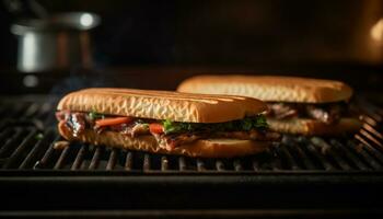 gegrild vlees broodje, vers rundvlees Aan brood, barbecue fijnproever hamburger gegenereerd door ai foto