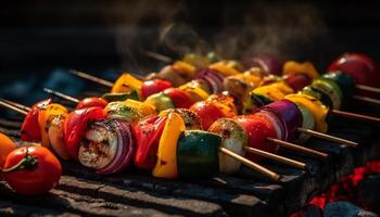 gegrild vlees en groenten Aan spiesjes, gekookt buitenshuis over- steenkool gegenereerd door ai foto