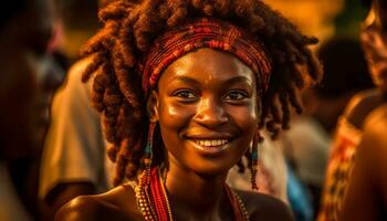 glimlachen jong volwassenen in traditioneel kleding vieren Afrikaanse cultuur buitenshuis gegenereerd door ai foto