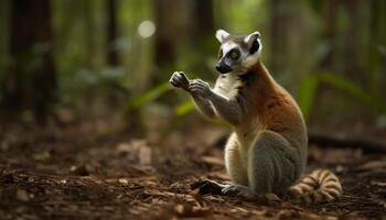 schattig lemur zittend in de Woud, op zoek Bij de camera gegenereerd door ai foto