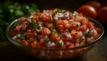 versheid van tomaat, groente salade, gezond aan het eten, vegetarisch maaltijd gegenereerd door ai foto