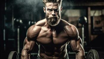 gespierd mannen buigen biceps, uitstralend sterkte en vertrouwen gegenereerd door ai foto