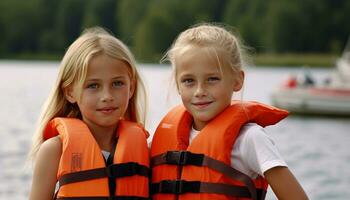 glimlachen kinderen genieten van zomer buitenshuis, een vrolijk en gelukkig familie gegenereerd door ai foto