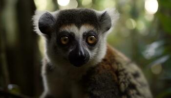 dichtbij omhoog portret van een schattig lemur, staren met nieuwsgierig ogen gegenereerd door ai foto