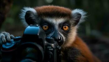 dichtbij omhoog van een schattig lemur op zoek Bij de camera gegenereerd door ai foto