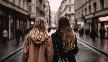 twee jong Dames wandelen in de stad, genieten van hun levensstijlen gegenereerd door ai foto