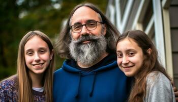 glimlachen familie buitenshuis, vrolijk meisjes en jongens omarmen natuur samen gegenereerd door ai foto