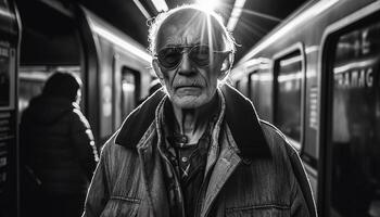 een gebaard Mens reist Aan de metro, omringd door pendelaars gegenereerd door ai foto