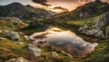 majestueus berg top weerspiegelt rustig zonsondergang over- vloeiende berg vijver gegenereerd door ai foto