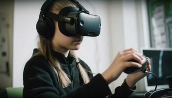 een jong volwassen vrouw spelen een virtueel realiteit video spel gegenereerd door ai foto