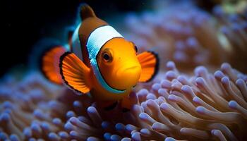 clown vis zwemmen in levendig rif, presentatie van natuurlijk onderwater- schoonheid gegenereerd door ai foto