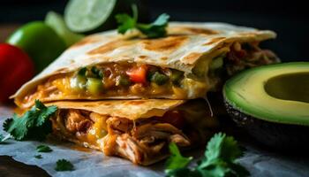 guacamole taco, vlees en groente Aan tortilla, versheid en kruid gegenereerd door ai foto