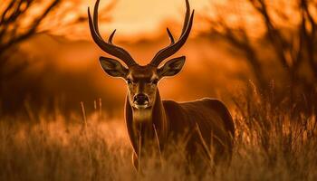 hert staand in weide, gehoornd silhouet tegen zonsondergang rustig schoonheid gegenereerd door ai foto