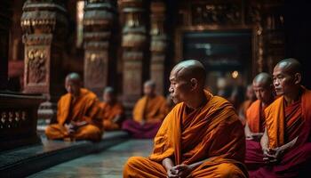 boeddhistisch monnik mediteren, zittend in rij, oranje gewaad, oude pagode gegenereerd door ai foto