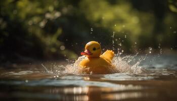 schattig eendje spatten in water, speels en vol van vreugde gegenereerd door ai foto