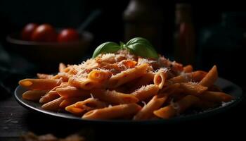 vers eigengemaakt pasta met tomaat saus, Parmezaanse kaas kaas, en peterselie gegenereerd door ai foto