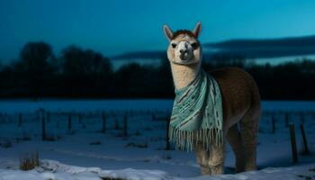 schattig alpaca begrazing Aan besneeuwd weide, omringd door rustig natuur gegenereerd door ai foto