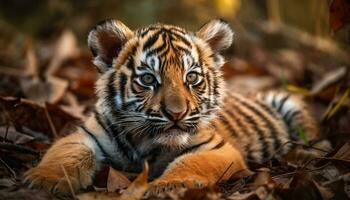 dichtbij omhoog van een schattig tijger, een majestueus en bedreigd groot kat gegenereerd door ai foto